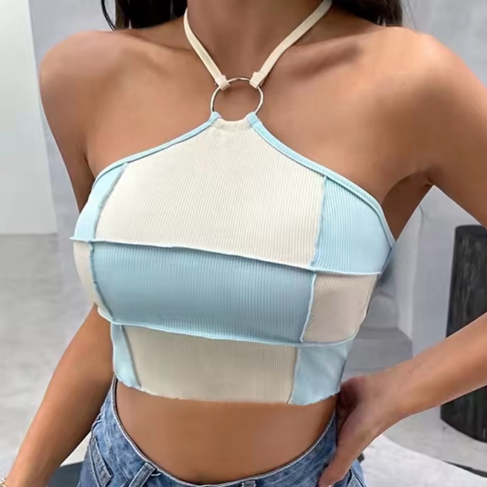 Colorblock Halter Crop Top - Blue & Cream